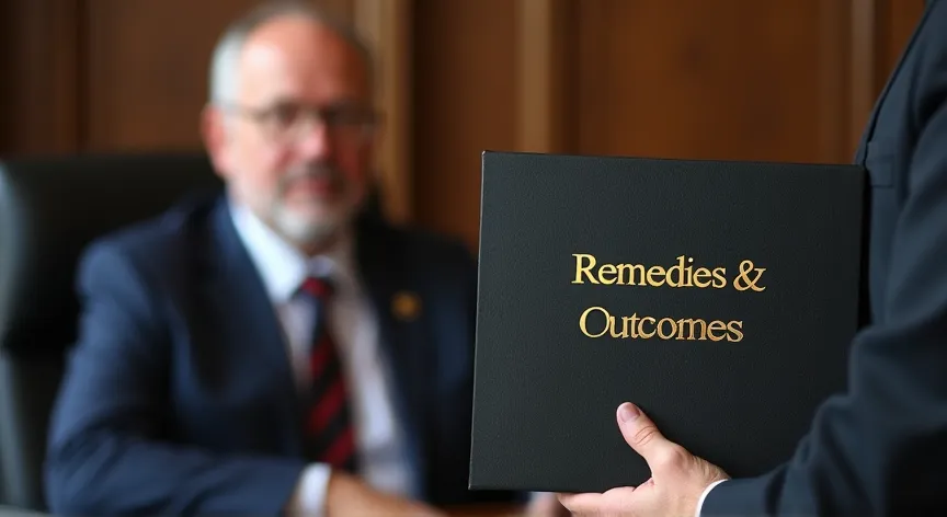 A balding middle aged man is sitting in a law firm with an attorney, the attorney is holding up a binder that reads 'remedies & outcomes' in gold embossed foil print.