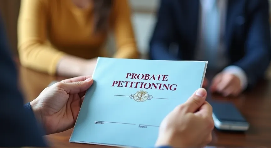 A couple sitting with an attorney in a law office, he is handing her a light blue manila folder, on the document is labeled 'probate petitioning' in dark red print with a fancy logo.