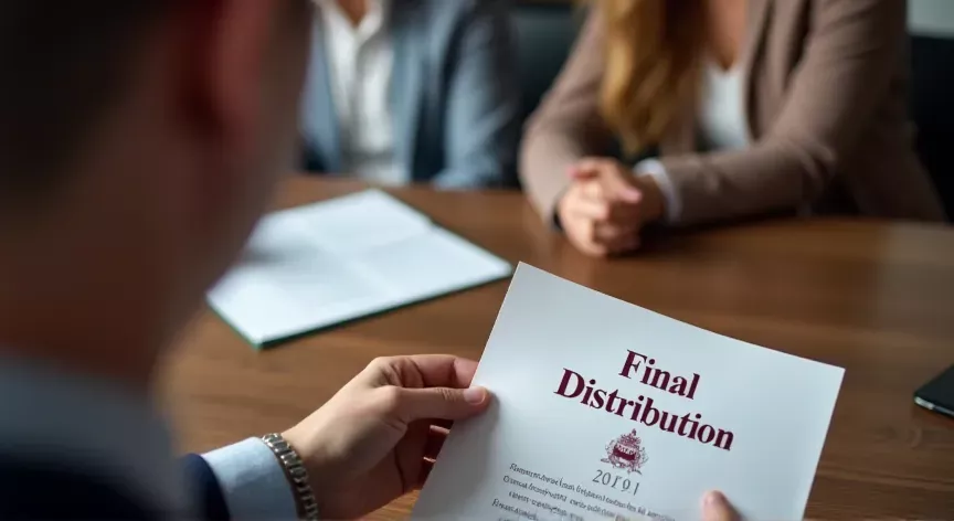 A couple sitting with an attorney in a law office, he is handing her a pamphlet, on the document is labeled 'final distribution' in dark red print with a fancy logo.