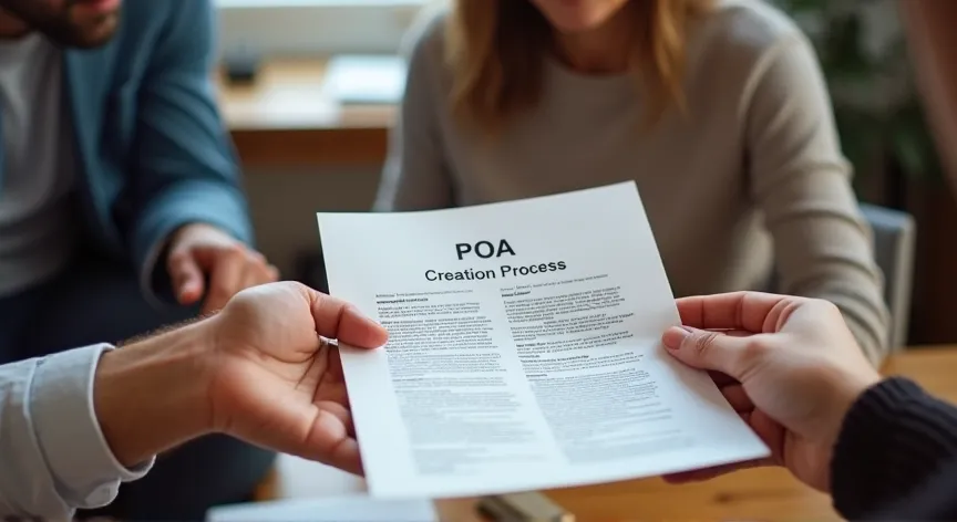 A couple sitting with an attorney in a law office, He is handing her a sheet of paper, on the document is labeled 'POA - Creation Process' in block print.