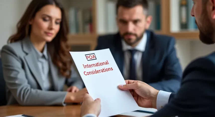 A couple sitting with an attorney in a law office, He is handing her a sheet of paper, on the document is labeled 'POA - International Considerations' in large bold red print.