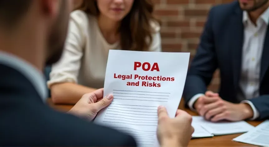 A couple sitting with an attorney in a law office, He is handing her a sheet of paper, on the document is labeled 'POA: Legal Protections and Risks' in block red print.