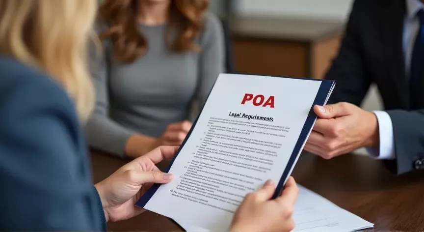 A couple sitting with an attorney in a law office, He is handing her a sheet of paper, on the document is labeled 'POA - Legal Requirements' in red and black ink.