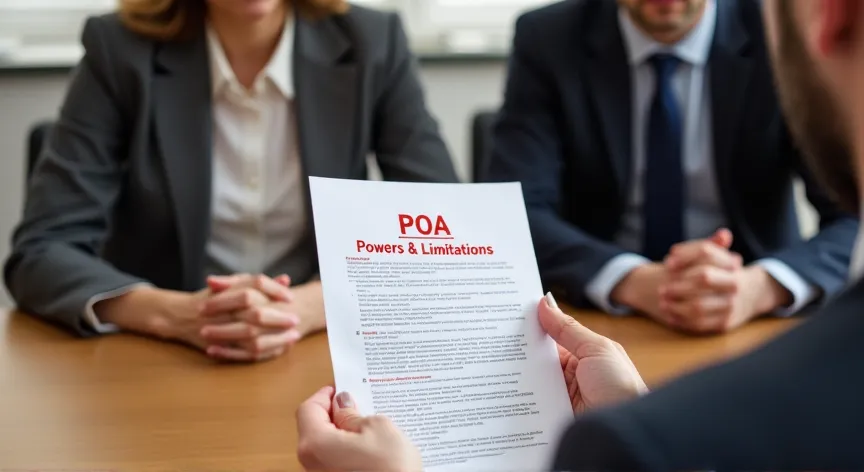 A couple sitting with an attorney in a law office, He is handing her a sheet of paper, on the document is labeled 'POA - Powers & Limitations' in bold Red ink.