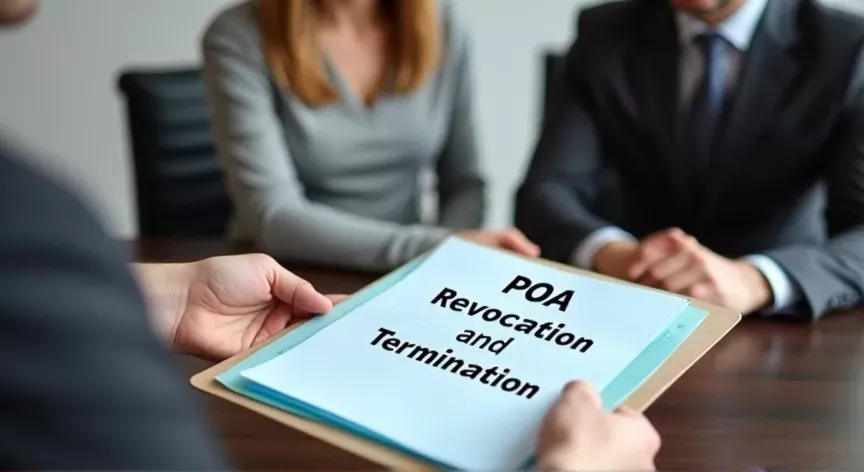 A couple sitting with an attorney in a law office, he is handing her a sheet of paper, on the document is labeled 'poa revocation and termination' in big black block print.