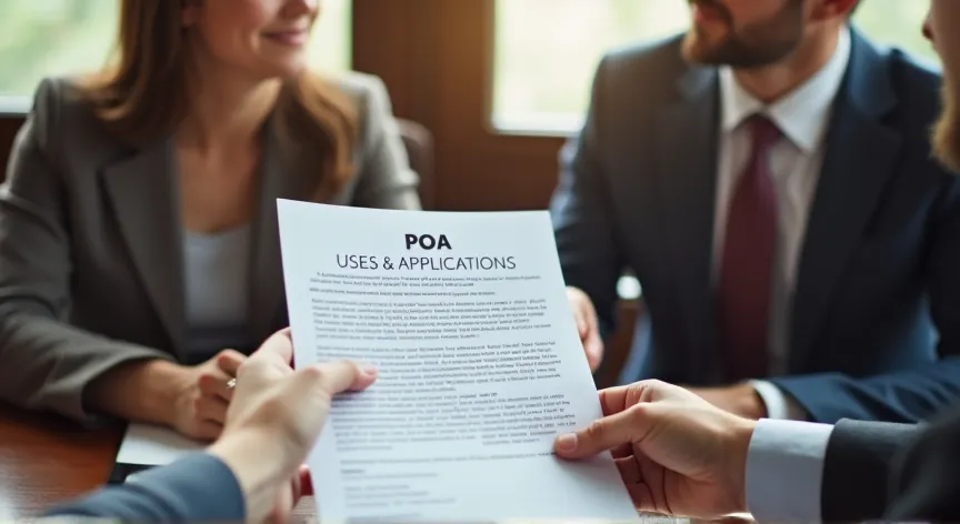 A couple sitting with an attorney in a law office, He is handing her a sheet of paper, on the document is labeled 'POA - Uses & Applications' in block print.