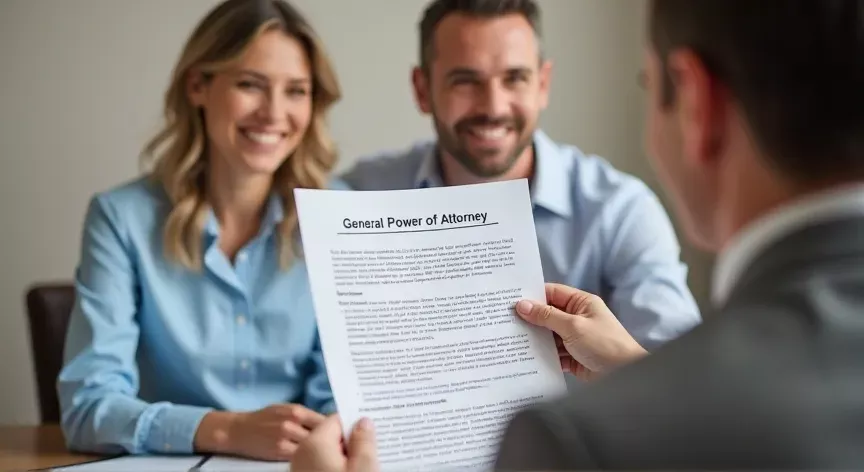 A family is sitting with an attorney, the couple are holding up a a sheet of paper, on the document is labeled: 'General Power of Attorney ' in large bold print.