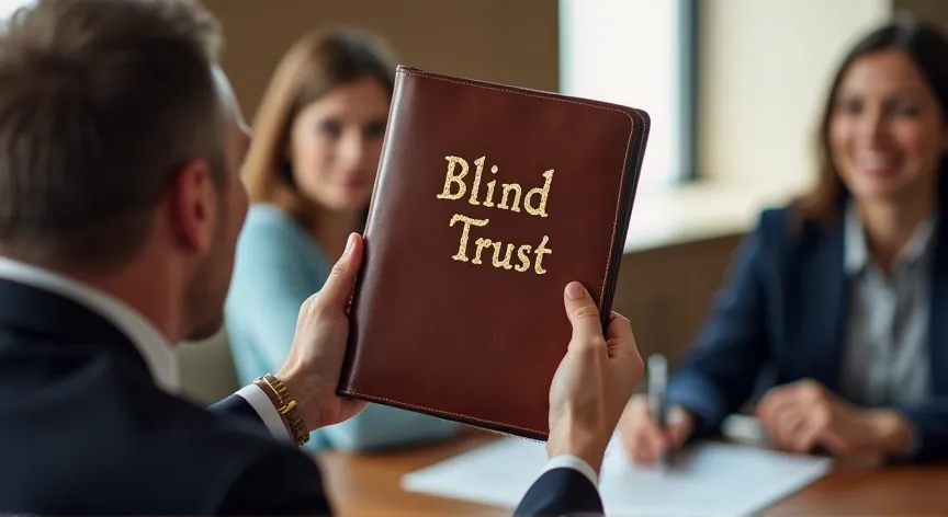 A family is sitting with an attorney, the couple are holding up a brown leather binder with the words 'Blind Trust'.