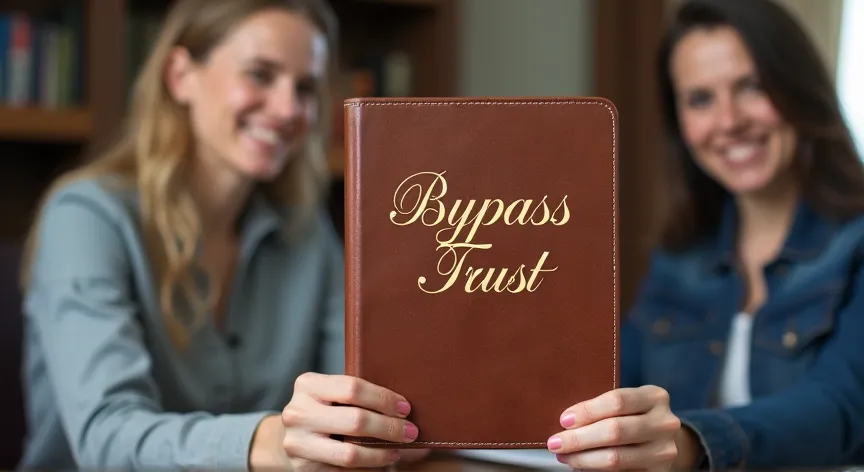 A family is sitting with an attorney, the couple are holding up a brown leather binder with the words 'Bypass Trust' in a fancy gold Script.