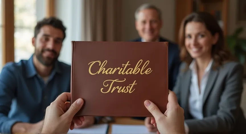 A family is sitting with an attorney, the couple are holding up a brown leather binder with the words 'Charitable Trust' in a fancy Script in gold foil.