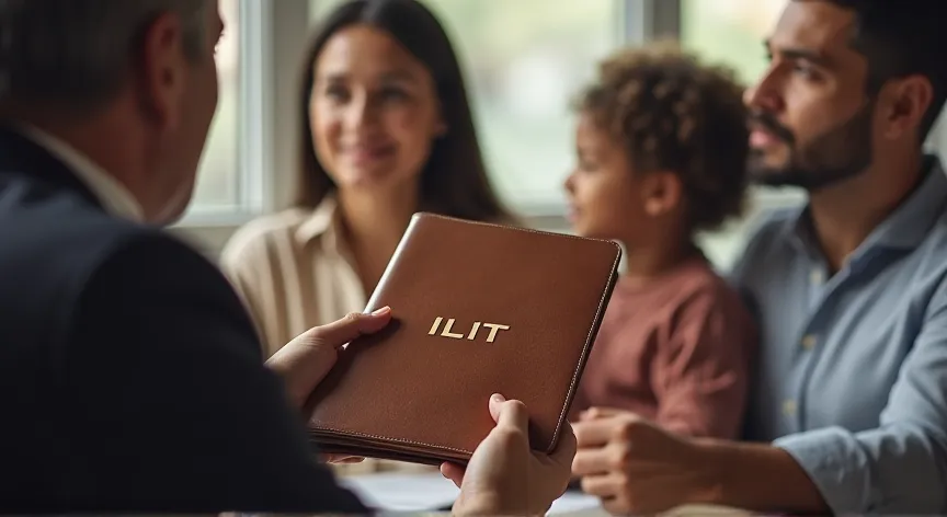 A family is sitting with an attorney, the couple are holding up a brown leather binder with the words 'ILIT' Embossed.