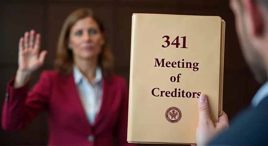 A lady standing with their rights hand up swearing to the judge sitting there is a person holding a light beige folder up with the words '341 meeting of creditors' printed in dark red print with a fancy logo.