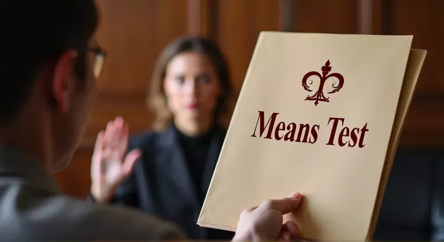 A lady standing with their rights hand up swearing to the judge sitting there is a person holding a light beige folder up with the words 'means test' printed in dark red print with a fancy logo.