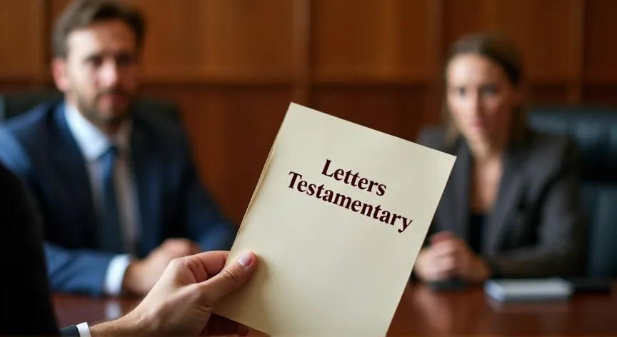 A man and a woman sitting in a court room, the attorney is holding up a pamphlet that reads 'letters testamentary' in dark red print.