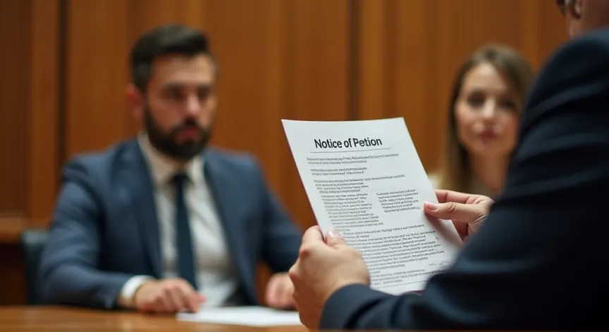 a man and a woman sitting in a court room, the attorney is holding up a pamphlet that reads 'notice of petition'