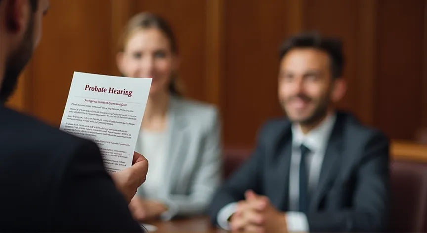 a man and a woman sitting in a court room, the attorney is holding up a pamphlet that reads 'probate hearing' in bold red print.