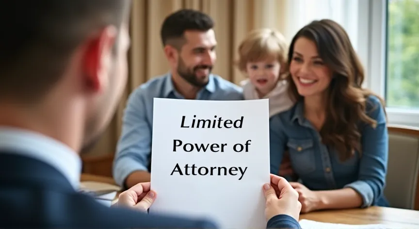 A married couple and a child is sitting with an attorney, the couple are holding up a a sheet of paper, on the document is labeled 'Limited Power of Attorney' in large bold print