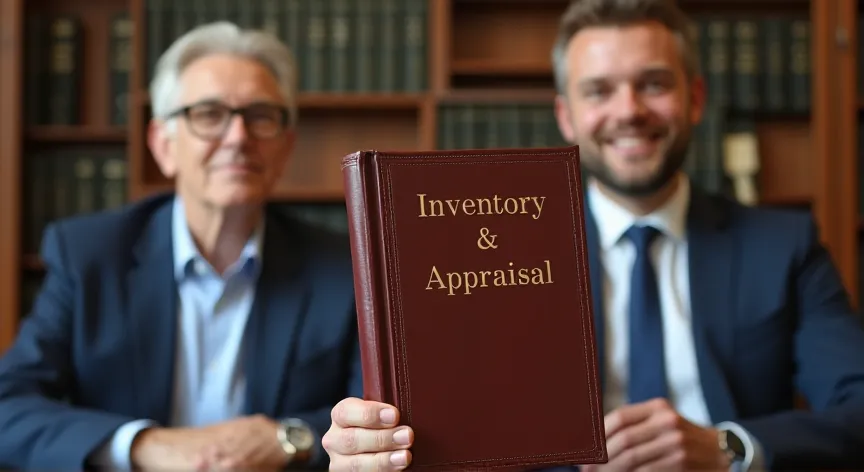 A middle aged couple are sitting in a law firm, the attorney is holding up a leather binder that reads 'inventory & appraisal' in dark red print