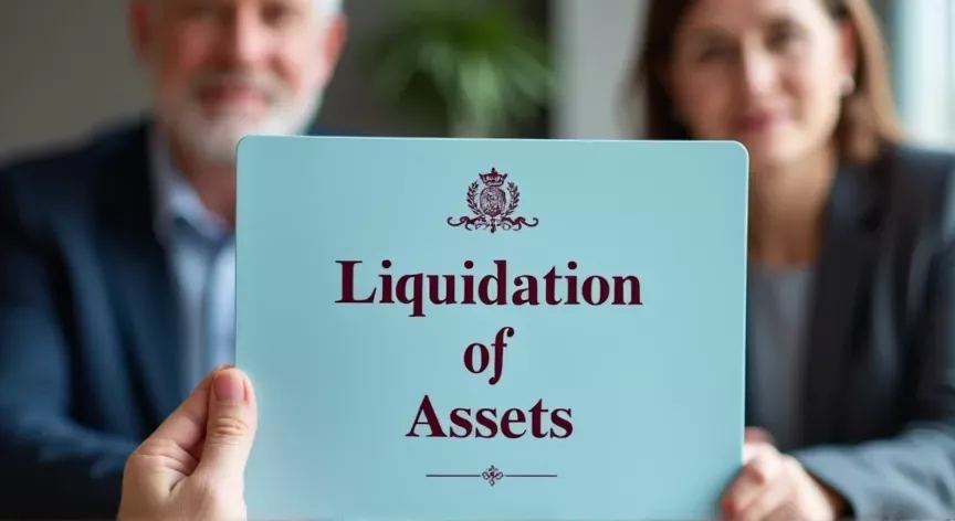 A middle aged couple sitting with at attorney, there is a person holding a light blue folder up with the words 'liquidation of assets' printed in dark red print with a fancy logo.