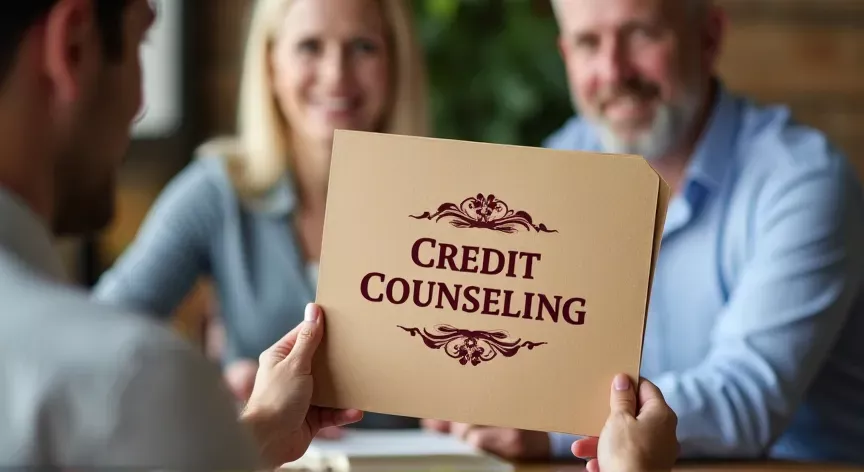 A middle aged couple sitting with at attorney, there is a person holding a manila folder up with the words 'credit counseling' printed in dark red print with a fancy logo.