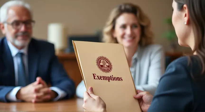 A middle aged couple sitting with at attorney, there is a person holding a manila folder up with the words 'exemptions' printed in dark red print with a fancy logo.