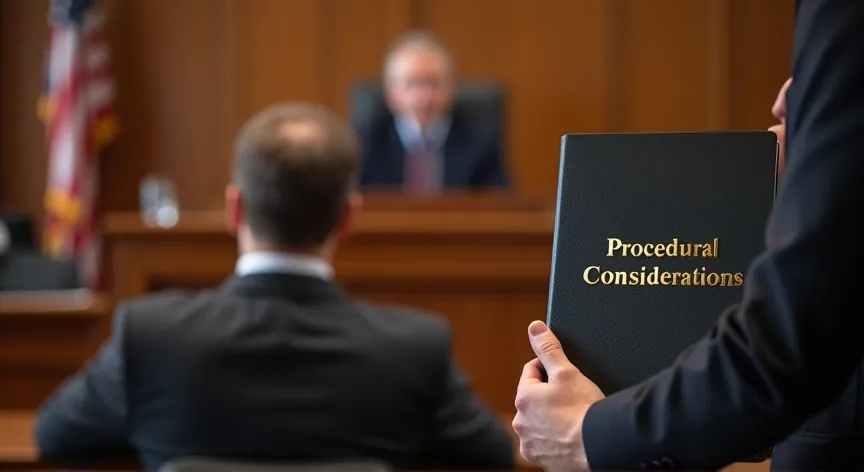 A middle aged man is sad sitting in a court room with the judge sitting at the front, the attorney is holding up a binder that reads 'procedural considerations' in gold embossed foil print.