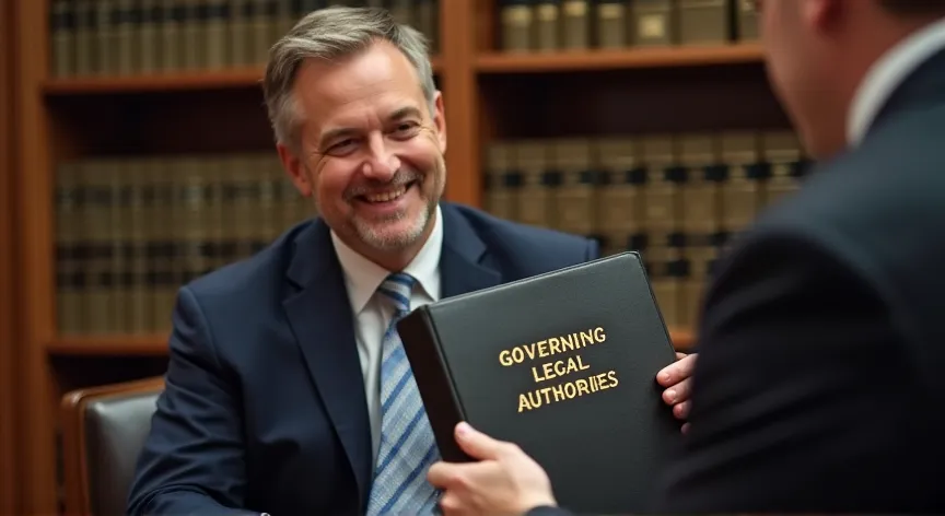 A middle aged man is sitting in a law firm with an attorney, the attorney is holding up a binder that reads 'governing legal authorities' in gold embossed foil print.