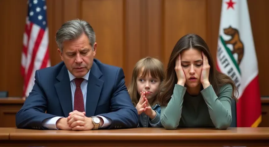 A stressed out couple with children sitting in Probate Court in Southern California, with the American Flag and California Flag behind the upset judge.