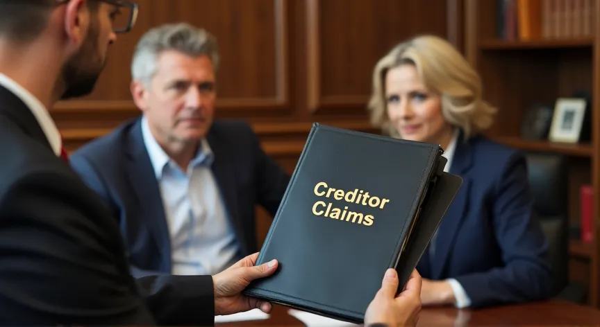 An upset middle aged couple are sitting in a law firm, the attorney is holding up a black binder that reads 'creditor claims' in gold foil print.