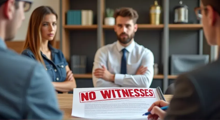 A very upset young couple with arms crossed are meeting with a lawyer to finalize probate documents and a paper stamped in red 'No Witnesses' in Bold.