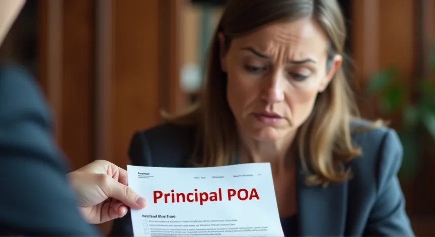 A worried woman sitting with an attorney in a law office, He is handing her a sheet of paper, on the document is labeled 'Principal POA' in bold red ink.