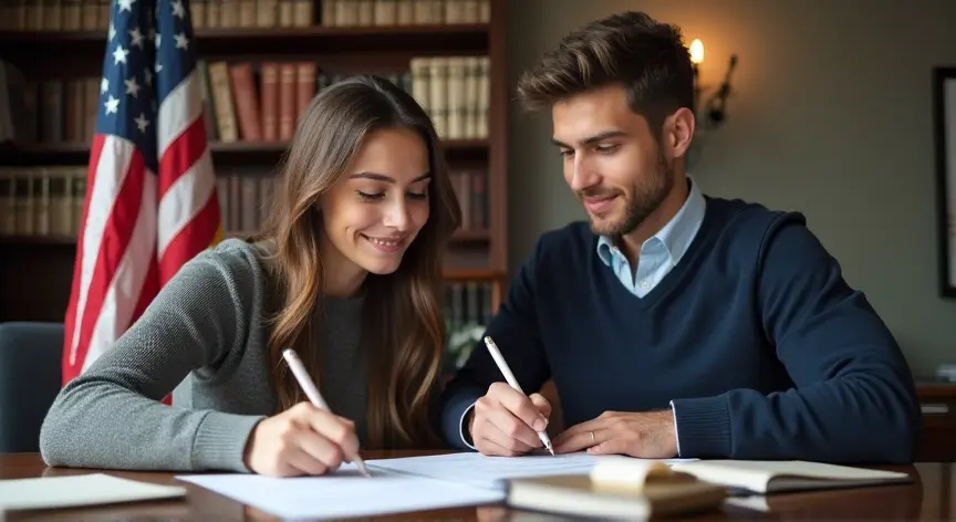 A young couple working with an estate planning attorney at an office with law books and an American flag in the background.