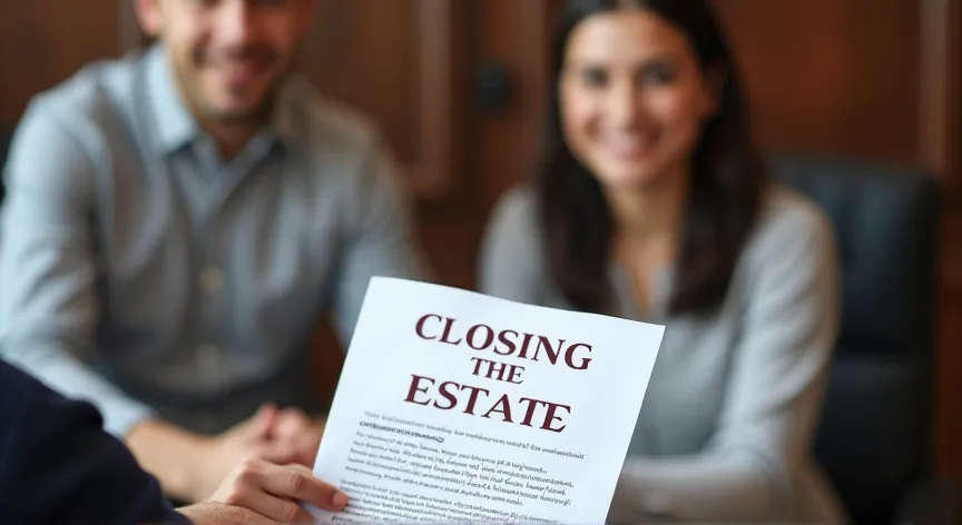 A young married couple are sitting in a law firm, the attorney is holding up a document that reads 'closing the estate' in dark red print.