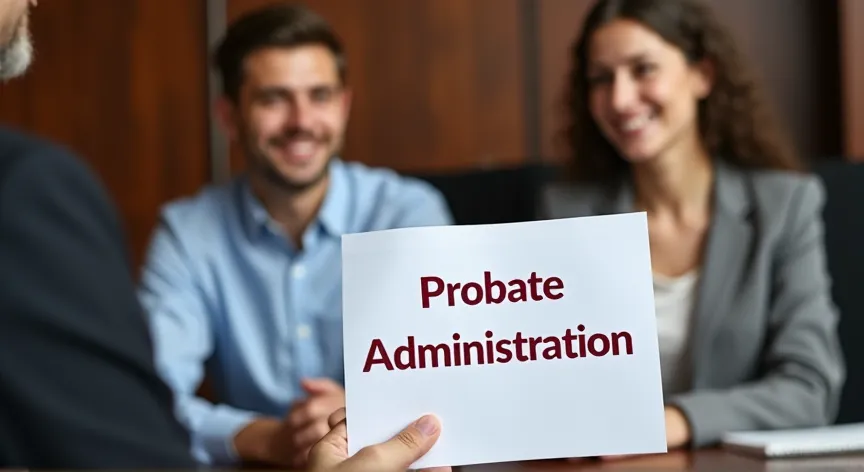A young married couple are sitting in a law firm, the attorney is holding up a document that reads 'probate administration' in dark red print
