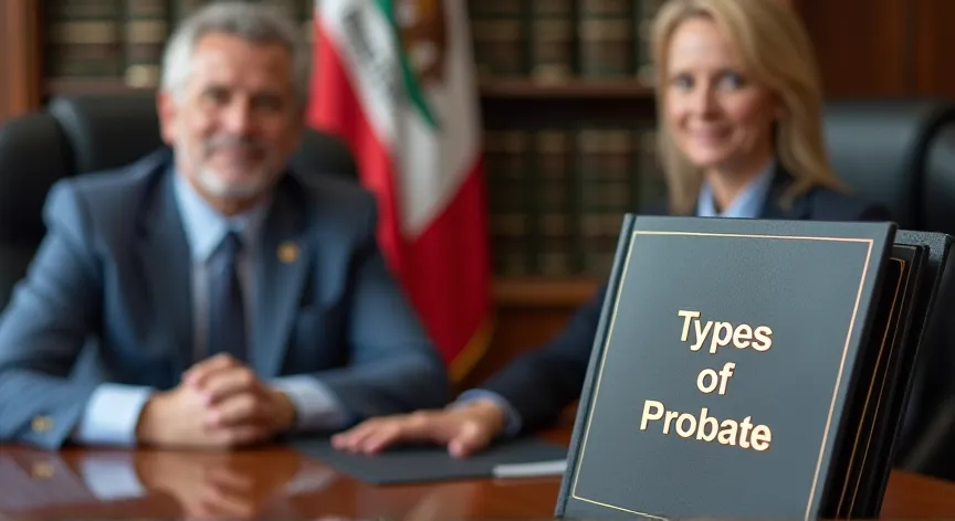 An attorney in a law firm office, there is a California state flag in the background next to the law books, the attorney is holding a binder with the words 'types of probate' embossed in foil print.