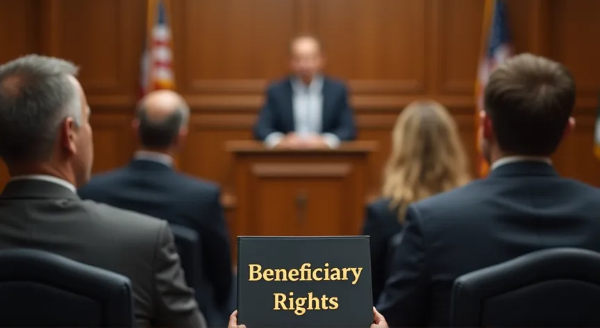 Adults are upset sitting in a court room with the judge sitting at the front, the attorney is holding up a binder that reads 'beneficiary rights' in gold foil print