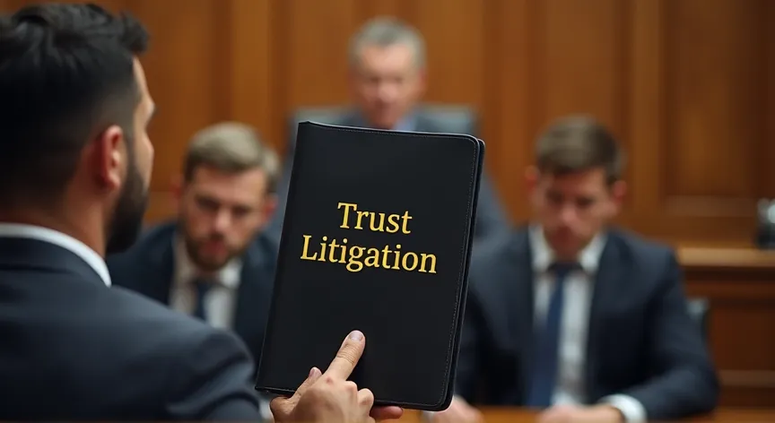 Adults are upset sitting in a court room with the judge sitting at the front, the attorney is holding up a binder that reads 'trust litigation' in gold foil embossed print.
