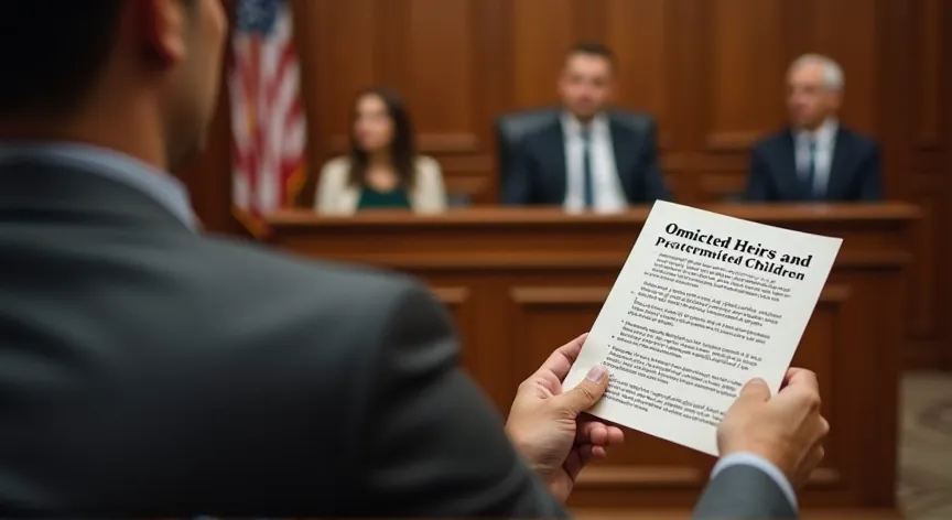 Adults are upset sitting in a court room with the judge sitting at the front, the attorney is holding up a pamphlet that reads 'omitted heirs and pretermitted children' in bold print