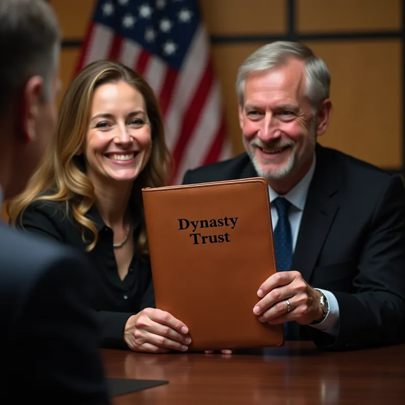 An couple are sitting with an attorney with an American flag in the background, they are holding up a leather binder labeled 'Dynasty Trust' printed in gold print.