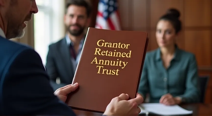 An couple are sitting with an attorney with an American flag in the background, they are holding up a leather binder labeled 'Grantor Retained Annuity Trust' printed in gold foil print.