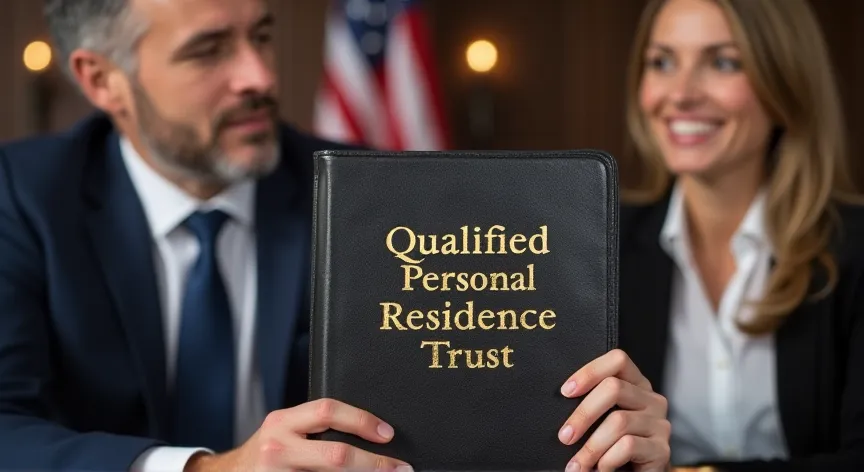 An couple are sitting with an attorney with an American flag in the background, they are holding up a leather binder labeled 'Qualified Personal Residence Trust ' printed in gold foil print.