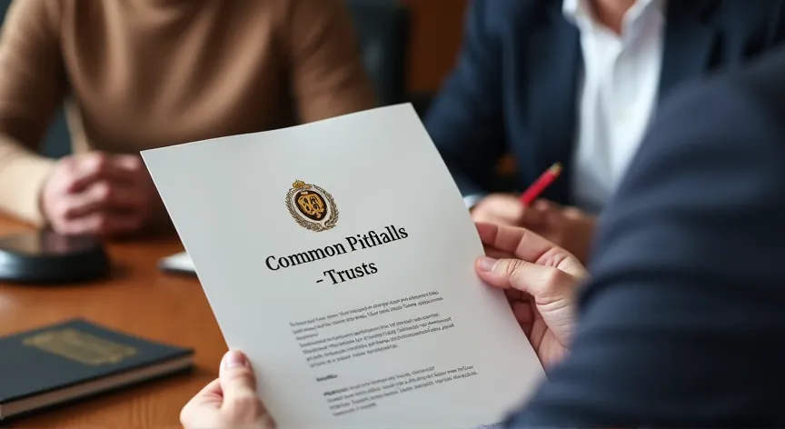 An couple are sitting with an attorney with law books sitting on the desk, they are holding up paper pamphlet labeled 'Common Pitfalls - Trusts' printed in black foil with a fancy logo with gold foil embossing.