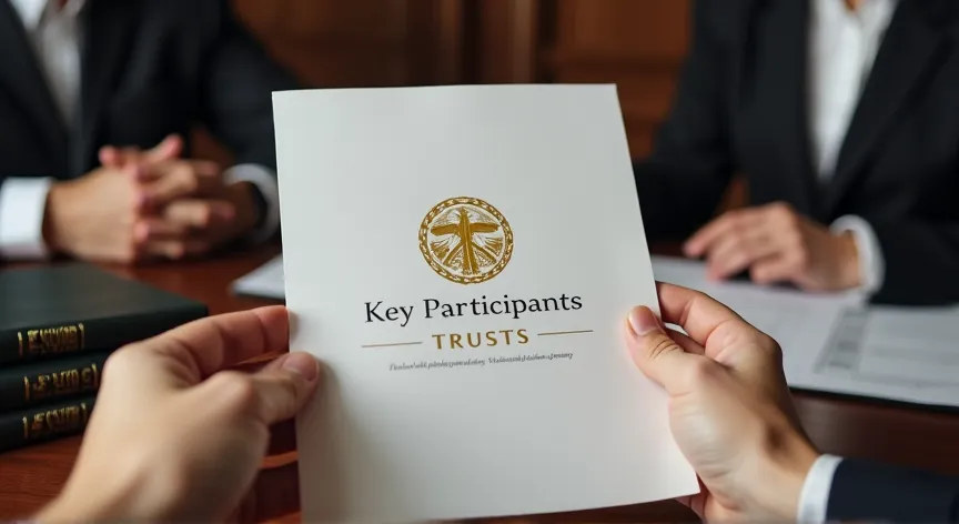 An couple are sitting with an attorney with law books sitting on the desk, they are holding up paper pamphlet labeled 'Key Participants - Trusts' printed in gold foil with a fancy logo.