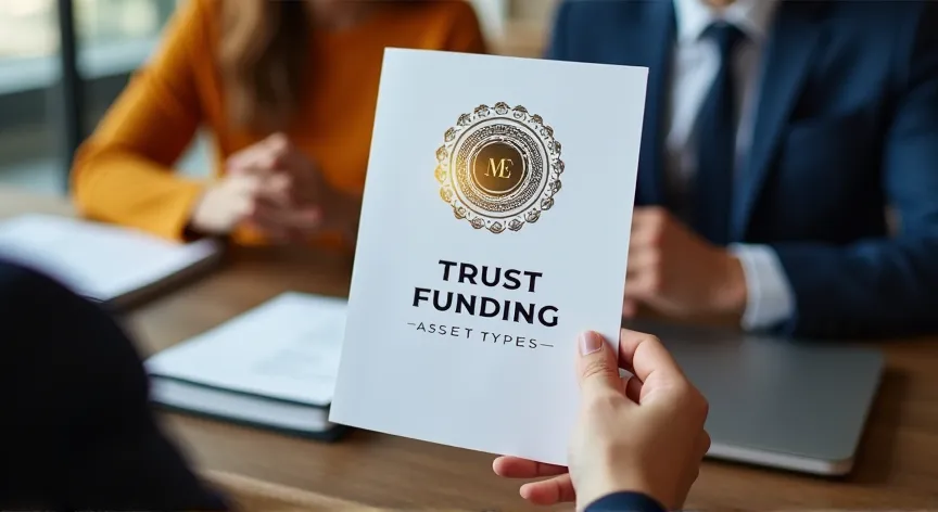 An couple are sitting with an attorney with law books sitting on the desk, they are holding up paper pamphlet labeled 'Trust Funding - Asset Types' printed in black foil with a fancy logo with gold foil embossing.