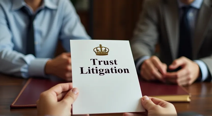 An couple are sitting with an attorney with law books sitting on the desk, they are holding up paper pamphlet labeled 'Trust Litigation' printed in black foil with a fancy gold logo embossed.