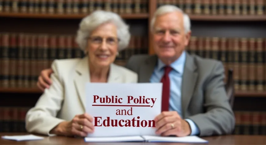 An elderly Couple is sitting at a law firm with Law Books in the background , they are holding a document labeled 'Public Policy and Education', in Bold Dark Red Ink.