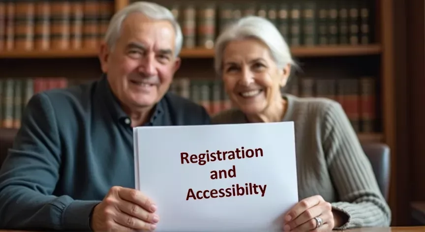 An elderly Couple is sitting at a law firm with Law Books in the background , they are holding a document labeled 'Registration and Accessibility', in Bold dark red Ink.