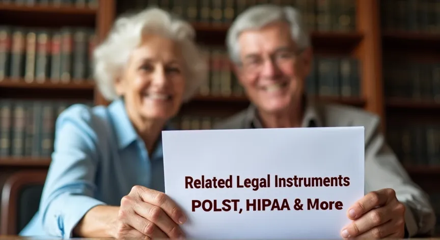 An elderly Couple is sitting at a law firm with Law Books in the background , they are holding a document labeled 'Related Legal Instruments - POLST, HIPAA & More', in Bold Dark Red Ink.