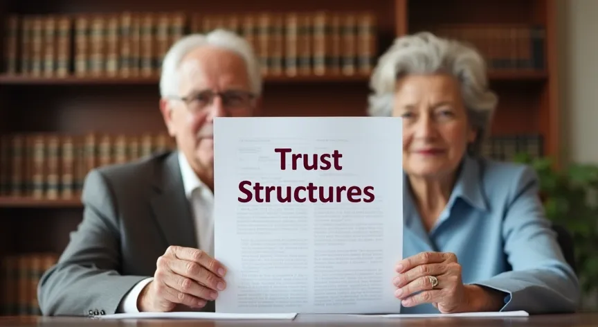 An elderly couple is sitting at a law office, they are holding up a document labeled 'Trust Structures' printed in large dark red print.