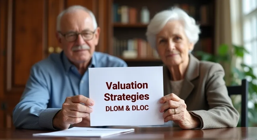 An elderly couple is sitting at a law office, they are holding up a document labeled 'Valuation Strategies - DLOM & DLOC' printed in large dark red print.